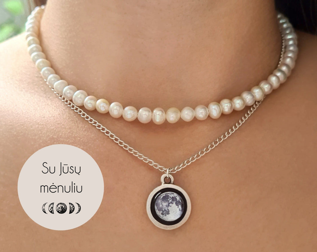 Perlų vėrinys + amuletas su Jūsų mėnuliu ☽